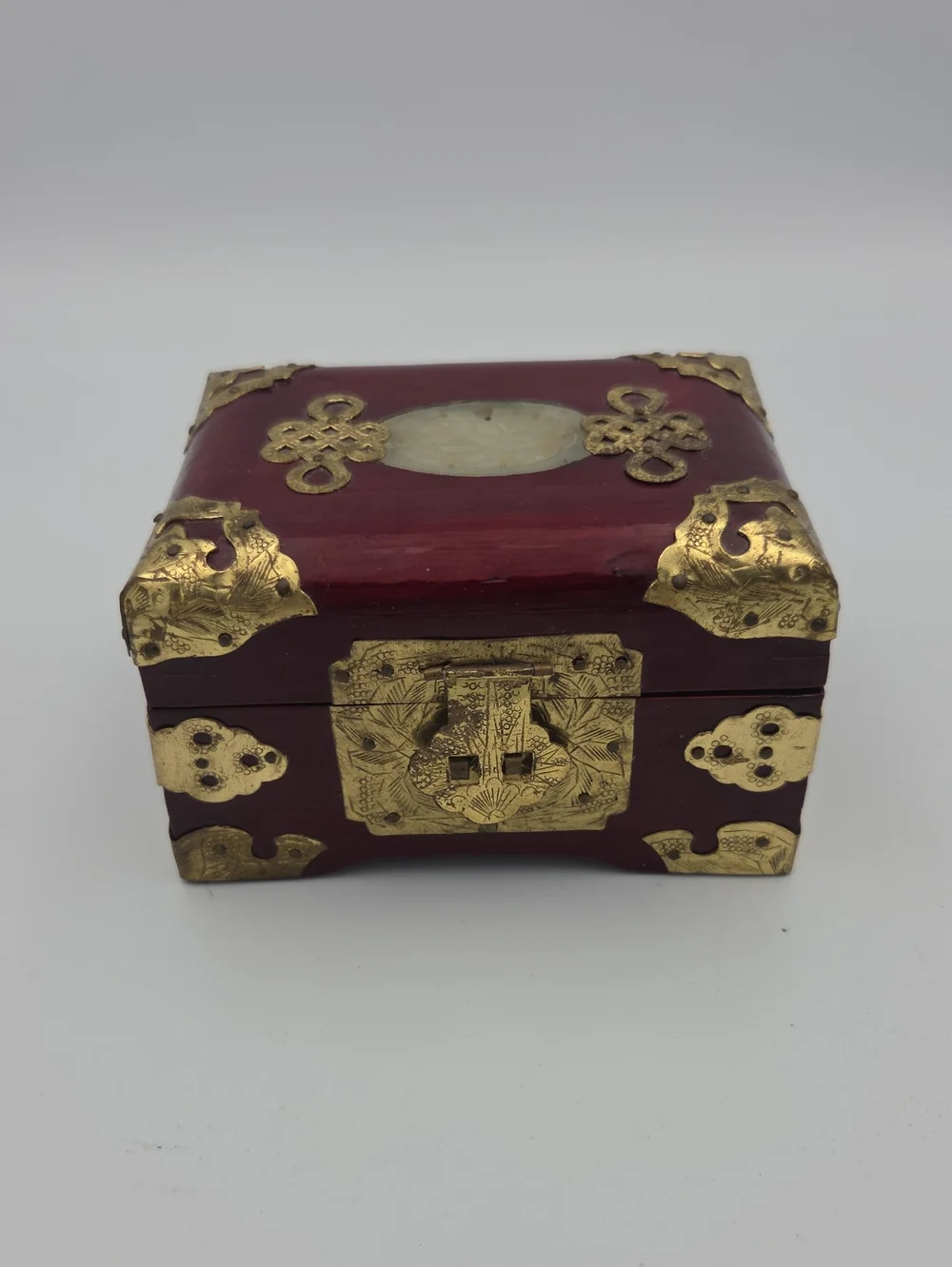 Ornate Red Decorative Jewelry Box with Brass Accents